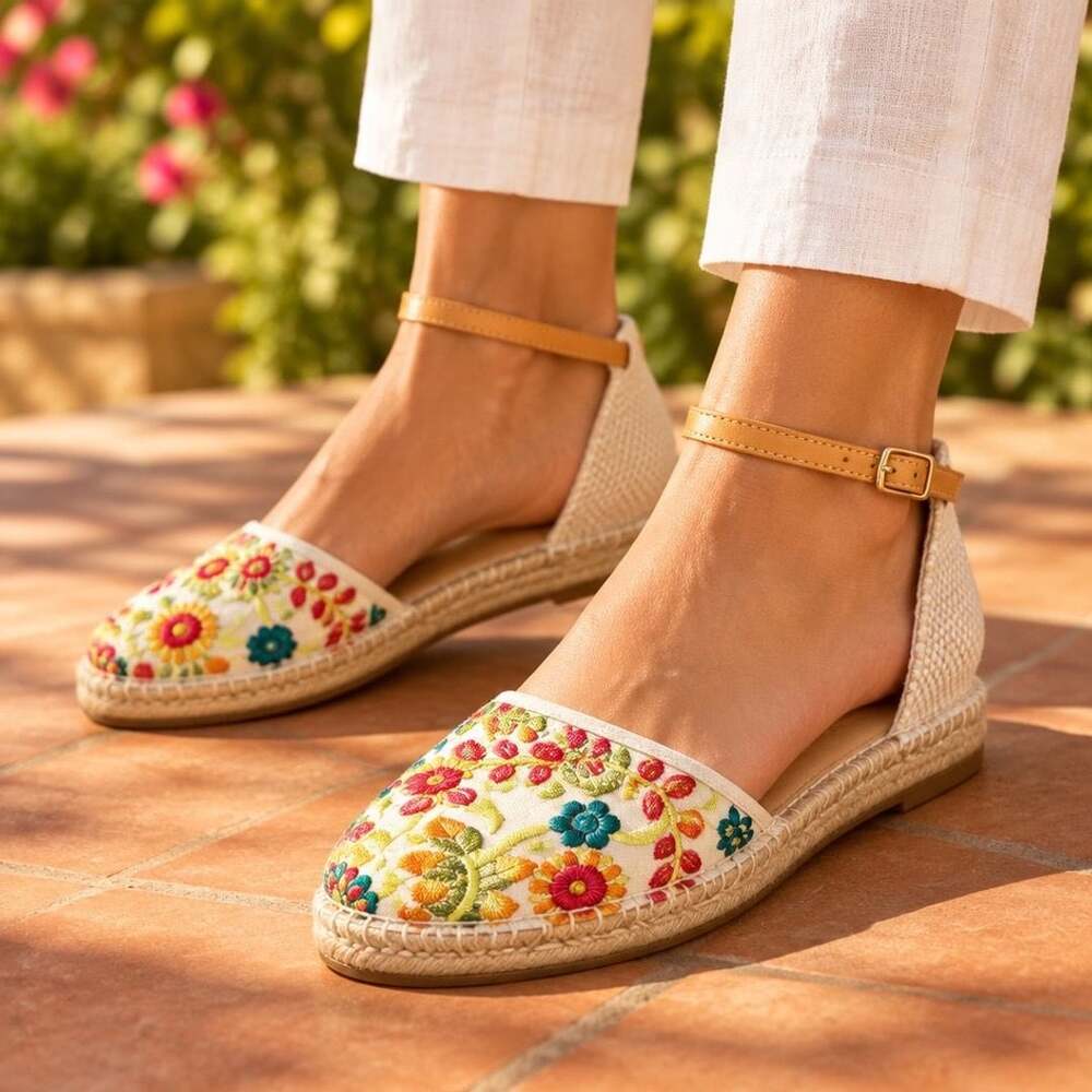Bamboo Phuket-1X Espadrilles Size 6 Floral Embroidered Flat Sandals